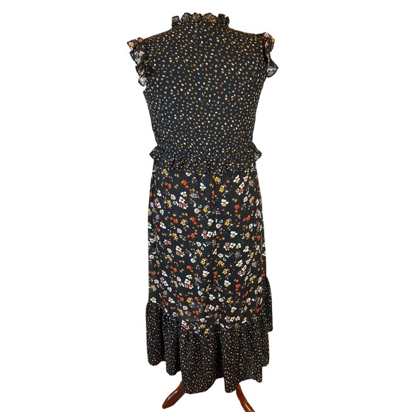Floral Boho Dress Ruffle Neck Keyhole Tie Midi Dress Fairy Size L Black - Picture 2 of 6